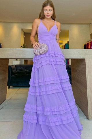 Lavender A-line V Neck Prom Dress Lavender Evening Dress Y6177