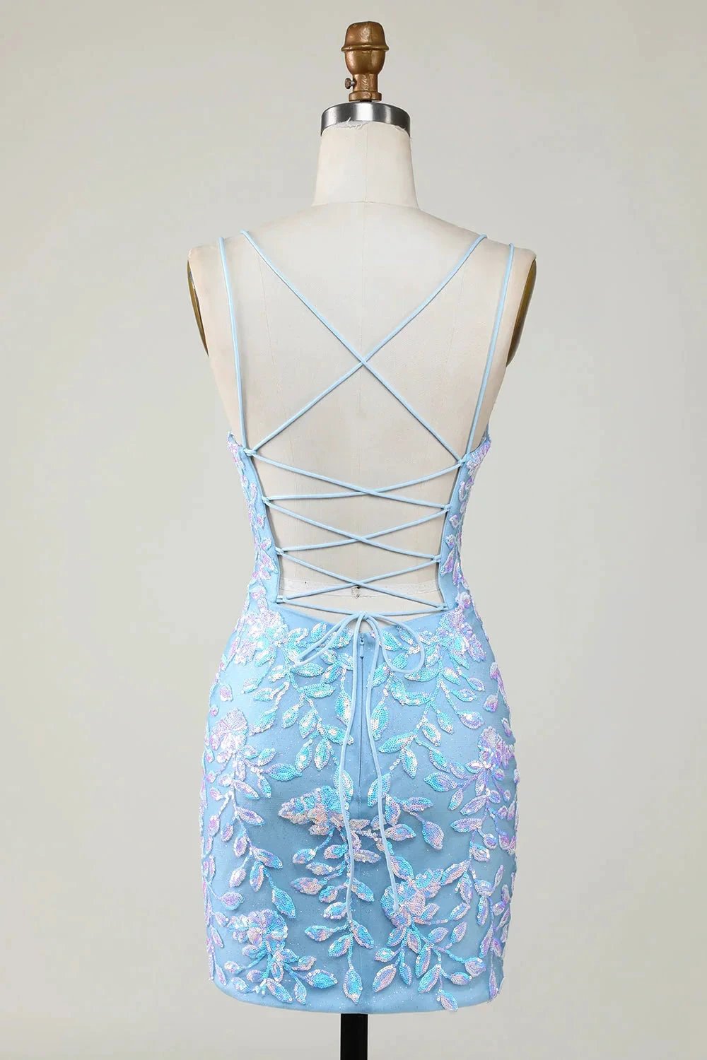 Blue Sheath Spaghetti Straps Short Homecoming Dress With Aqqliques by WEDTREND