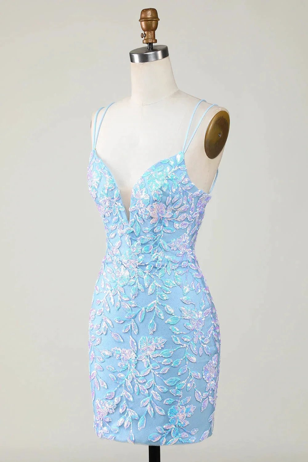 Blue Sheath Spaghetti Straps Short Homecoming Dress With Aqqliques by WEDTREND