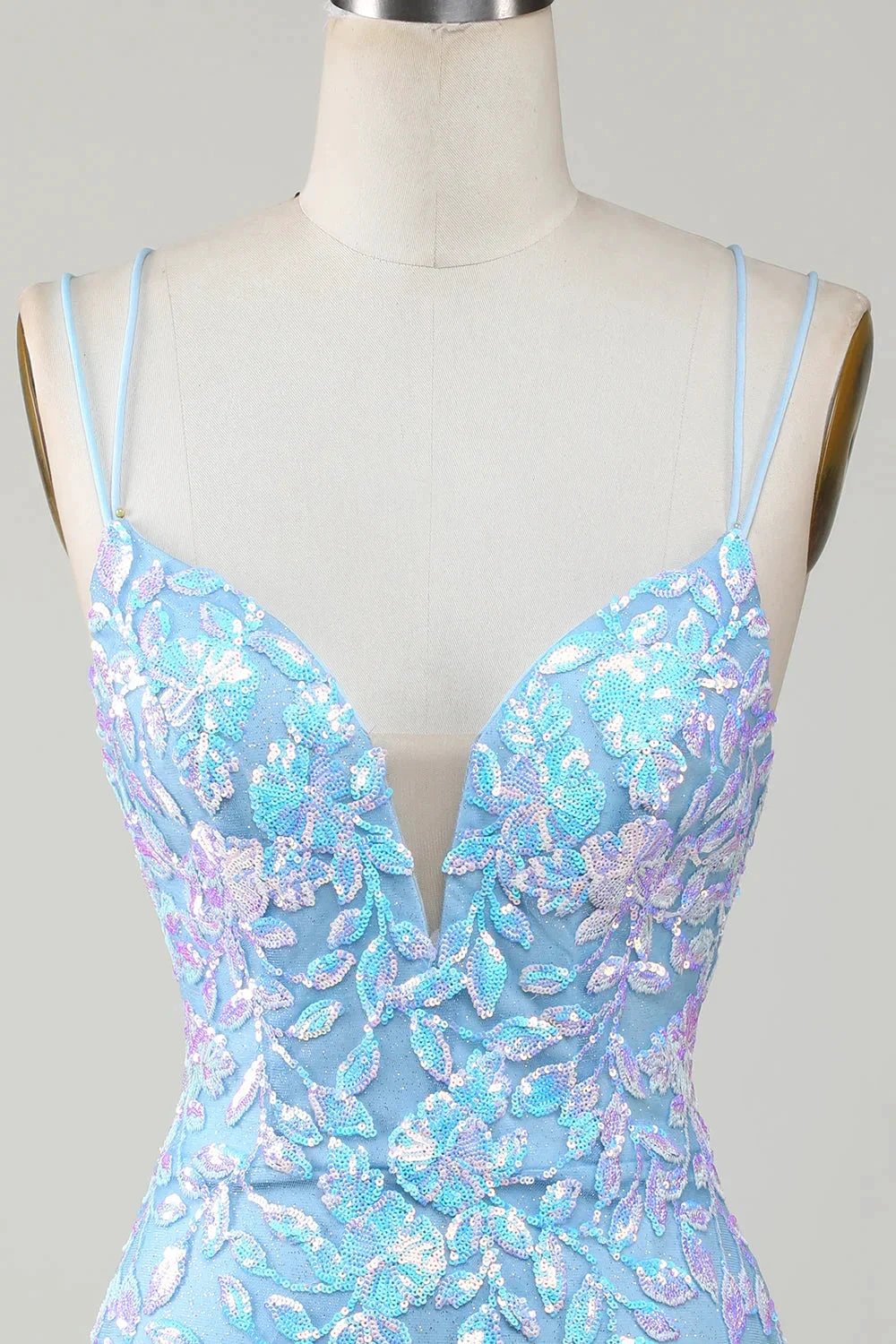 Blue Sheath Spaghetti Straps Short Homecoming Dress With Aqqliques by WEDTREND
