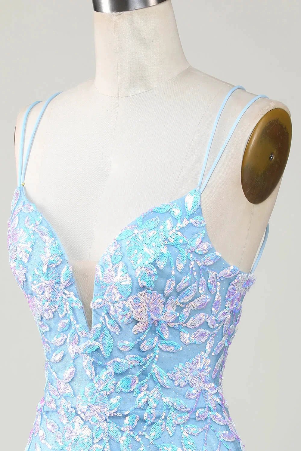 Blue Sheath Spaghetti Straps Short Homecoming Dress With Aqqliques by WEDTREND