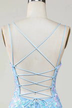 Blue Sheath Spaghetti Straps Short Homecoming Dress With Aqqliques by WEDTREND