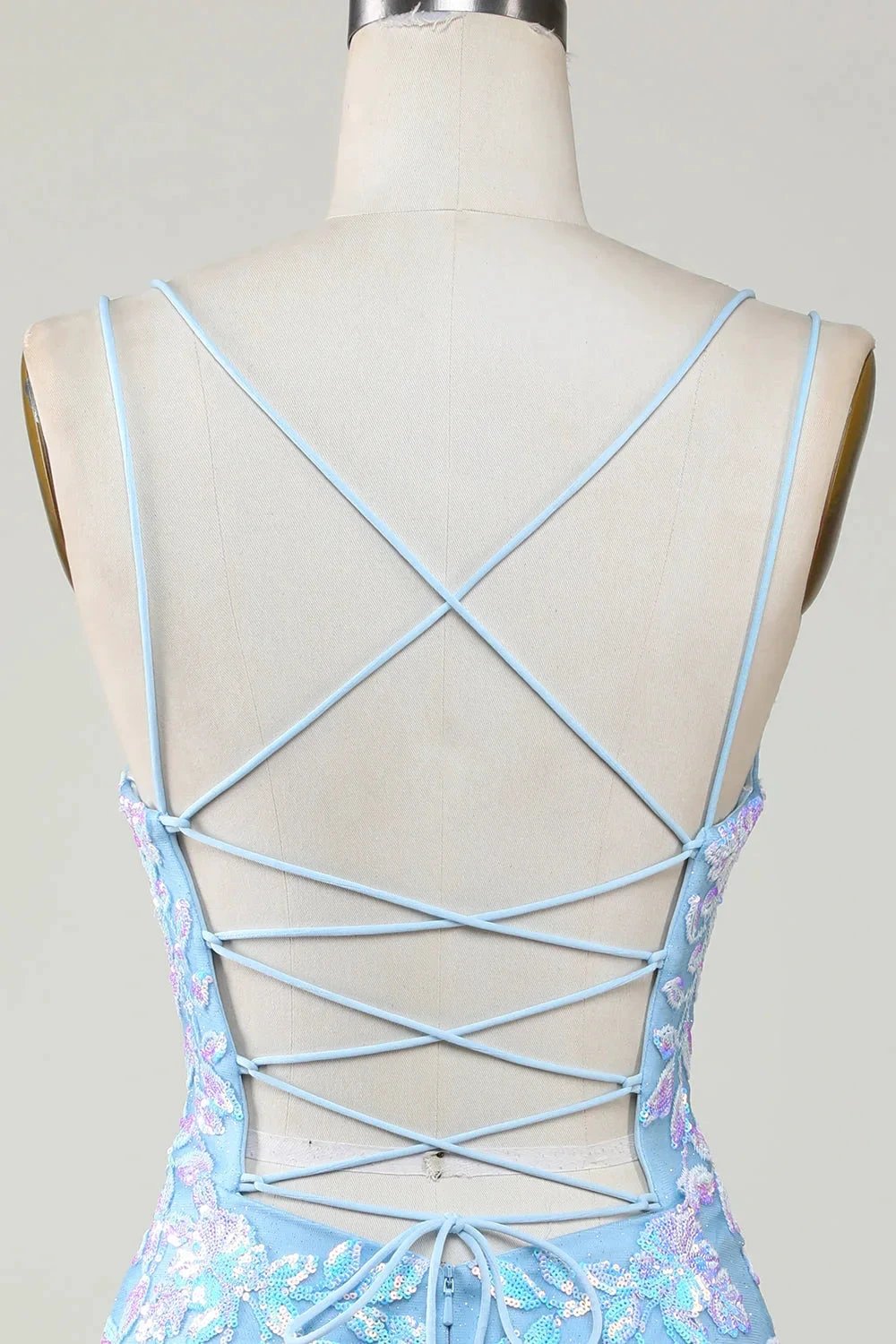 Blue Sheath Spaghetti Straps Short Homecoming Dress With Aqqliques by WEDTREND
