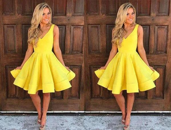 A Line Yellow V Neck Sleeveless Short Homecoming Dresses by Ombreprom