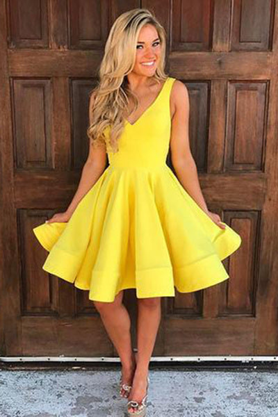 A Line Yellow V Neck Sleeveless Short Homecoming Dresses Main Image
