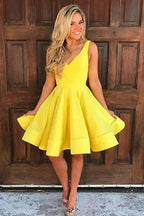 A Line Yellow V Neck Sleeveless Short Homecoming Dresses by Ombreprom