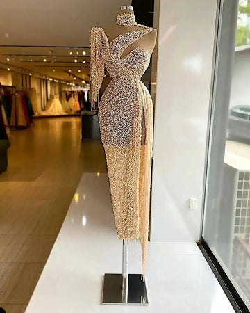 Sparkly Sequin Evening Dress Side Slit Prom Dress One Shoulder Tassels Custom Made Y6411 by simplepromdress