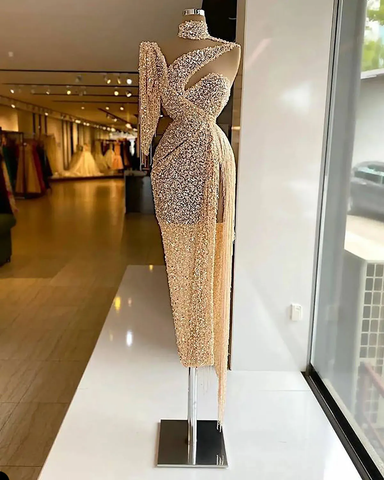 Sparkly Sequin Evening Dress Side Slit Prom Dress One Shoulder Tassels Custom Made Y6411