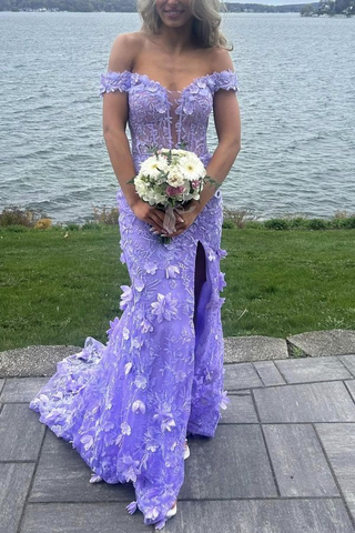 Gorgeous Off-Shoulder V-Neck Lace Appliques Mermaid Prom Dress Slit Birthday Evening Gown Y7934