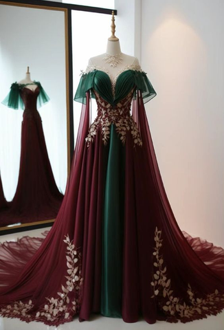 Vintage Burgunder Tüll Satin Abendkleid Langes Ballkleid Y7794