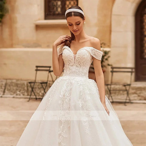 HERBURNL Vestidos de novia de princesa hechos a medida, preciosos, sexys, con hombros descubiertos, apliques de encaje, elegantes vestidos de novia 