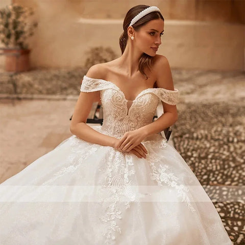 HERBURNL Vestidos de novia de princesa hechos a medida, preciosos, sexys, con hombros descubiertos, apliques de encaje, elegantes vestidos de novia 
