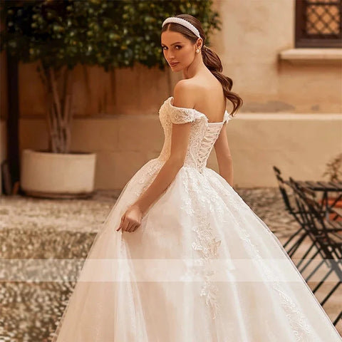 HERBURNL Vestidos de novia de princesa hechos a medida, preciosos, sexys, con hombros descubiertos, apliques de encaje, elegantes vestidos de novia 