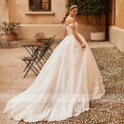 HERBURNL Vestidos de novia de princesa hechos a medida, preciosos, sexys, con hombros descubiertos, apliques de encaje, elegantes vestidos de novia 