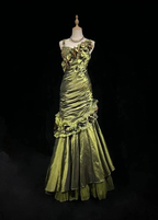 Vintage Dark Green Irregular Neckline Satin Beaded Evening Dress Ruched Mermaid Prom Dress Y8560 by simplepromdress