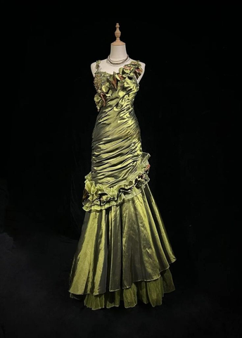 Vintage Dark Green Irregular Neckline Satin Beaded Evening Dress Ruched Mermaid Prom Dress Y8560