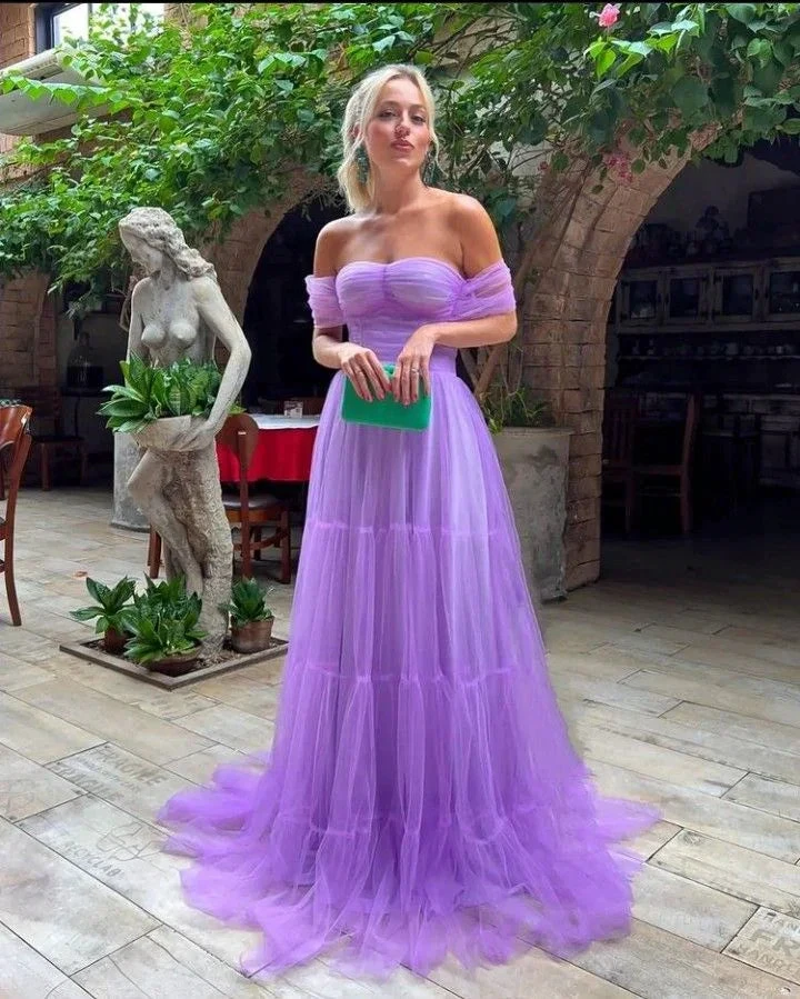 A Line Purple Off the Shoulder Formal Evening Gowns Tulle Long Prom Dresses Y2198 by simplepromdress