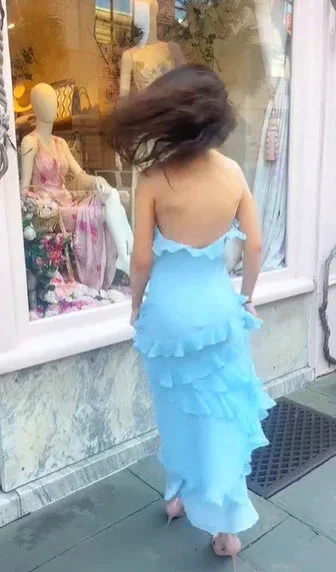 Elegant Spaghetti Straps Blue Ruffle Chiffon Prom Dress Backless Evening Dress Y8267 by simplepromdress