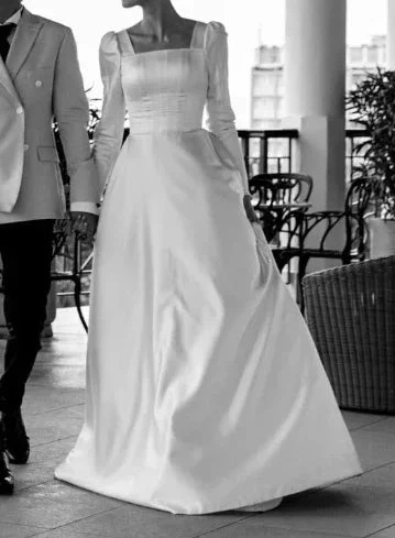 Modest A-line Square Neckline White Satin Wedding Dress Y6736 by simplepromdress