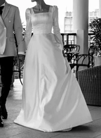 Modest A-line Square Neckline White Satin Wedding Dress Y6736 by simplepromdress
