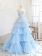 Winter Blue Tulle Long Prom Dress, Blue Layered Tulle Evening Dress Y393 by simplepromdress