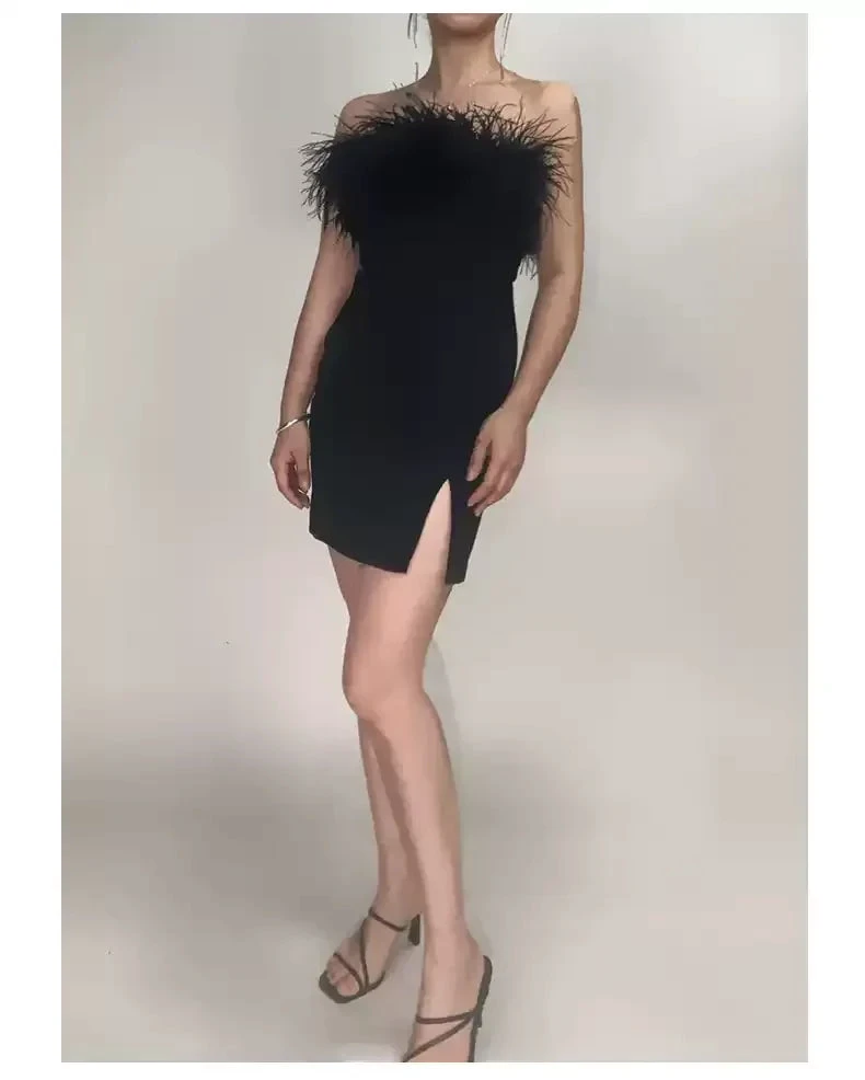 Womens Feather Off Shoulder Bandage Dresses Side Split Cocktail Party Bodycon Dress Black Short Homecoming Dress Y1356 by simplepromdress