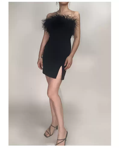 Womens Feather Off Shoulder Bandage Dresses Side Split Cocktail Party Bodycon Dress Black Short Homecoming Dress Y1356