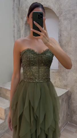 Gorgeous Green Tulle Beaded Long A Line Evening Dress Strapless Prom Dress Y8197