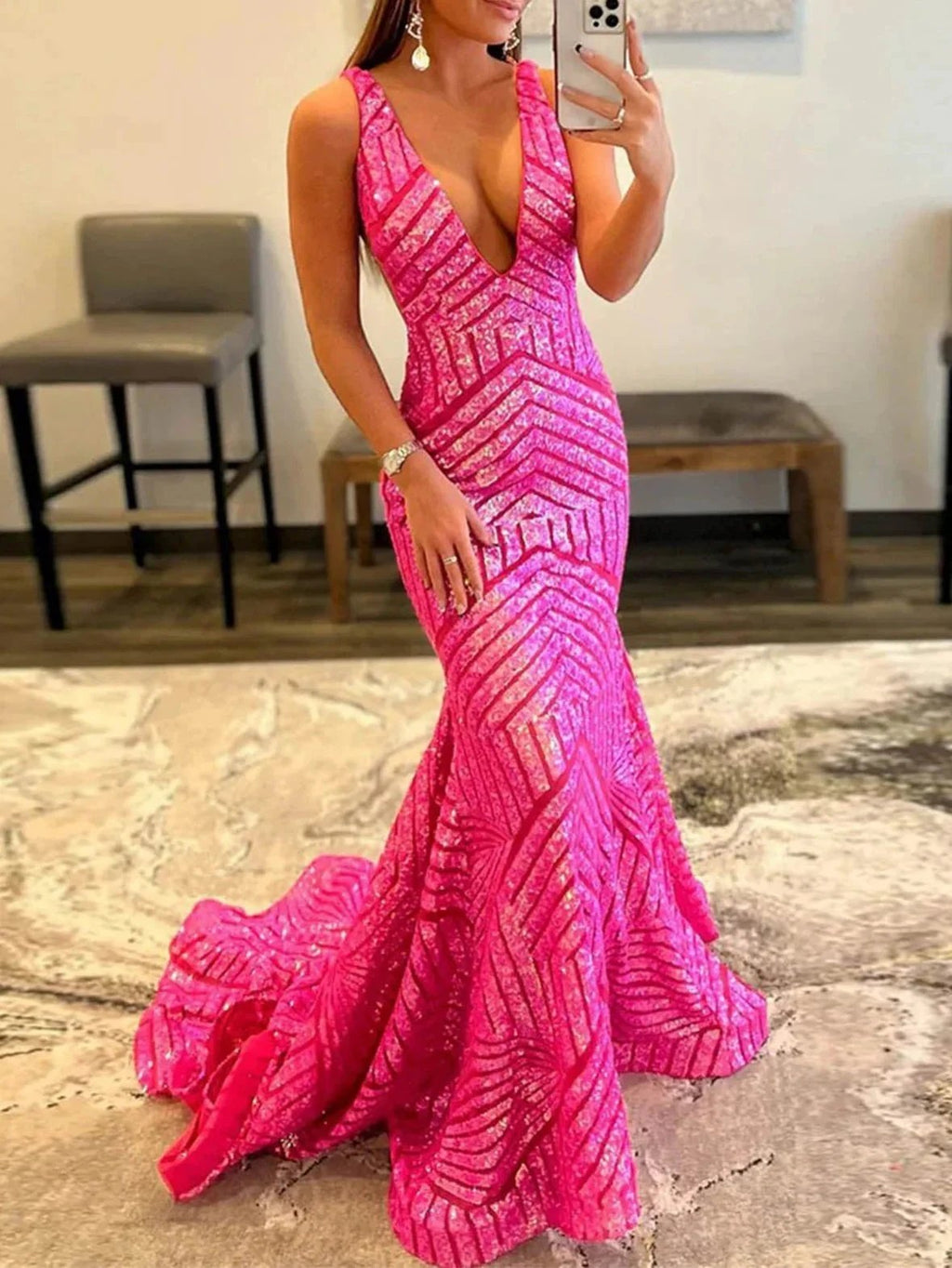Nina |Deep V Neck Pink Sequins Mermaid Long Prom Dress by KissProm