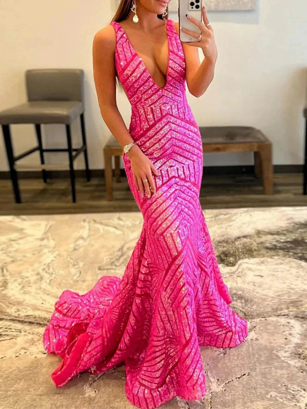 Nina |Deep V Neck Pink Sequins Mermaid Long Prom Dress by KissProm