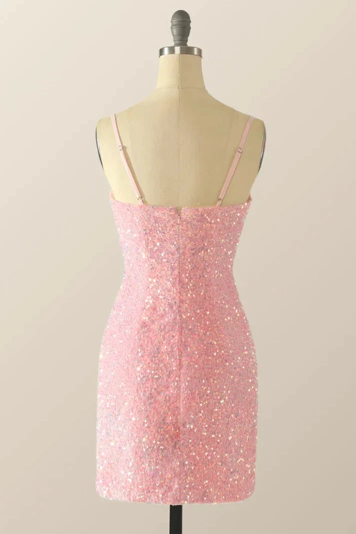 Cute Pink Sequins Homecoming Dress Pink Backless Party Dress Y2041 by simplepromdress