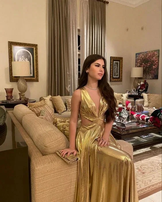Fashion Gold Deep V Neck Long A Line Prom Evening Dress Y7943 by simplepromdress