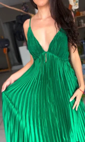 Green Spaghetti Straps Pleated V Neck Party Prom Dress A Line Evening Gown Y7958 by simplepromdress
