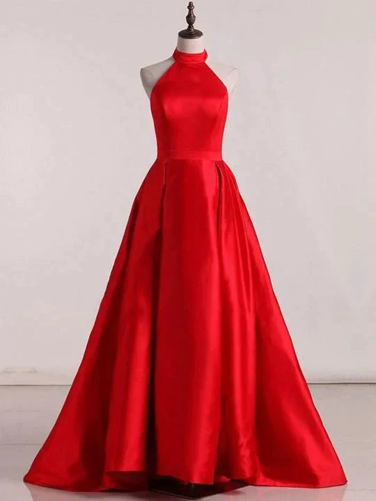 Sleeveless Halter Open Back Prom Dresses A Line Satin Evening Dresses Y941 by simplepromdress