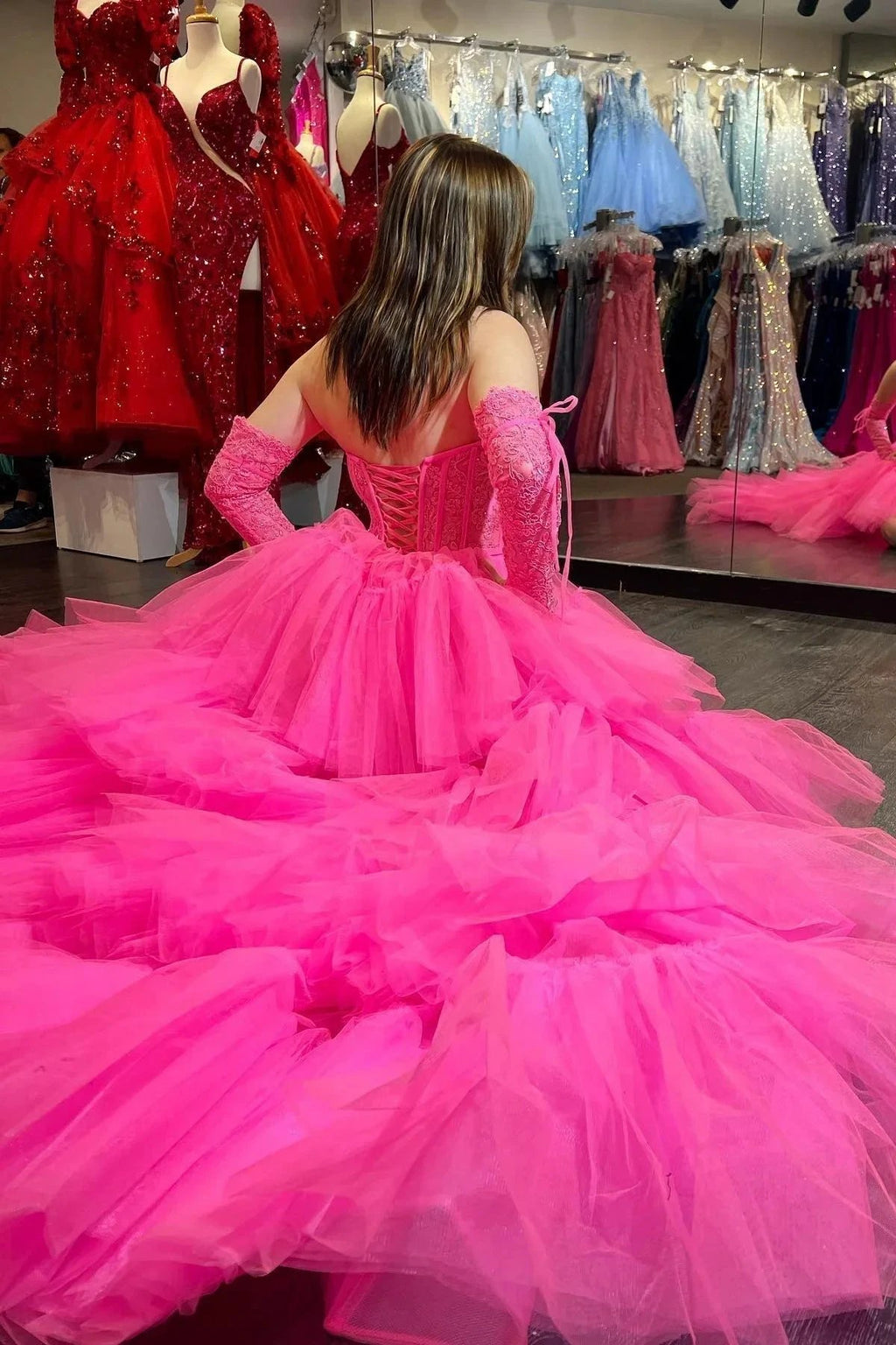 Sue | Hot Pink Off-Shoulder A-line Tulle Layers Applique Hi-Low Prom Dress by KissProm