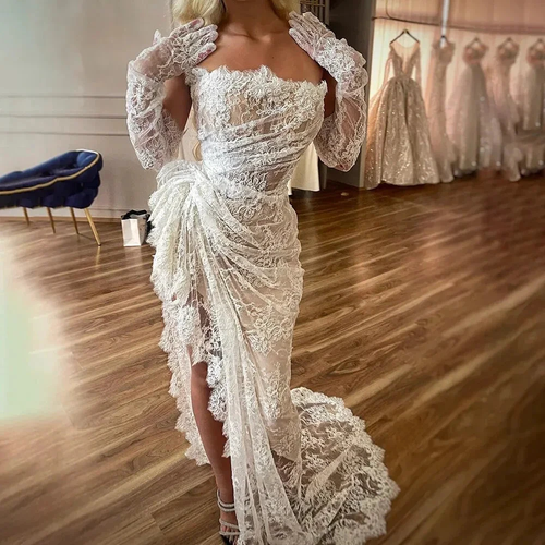 Sheath Strapless Bridal Gown Lace Mermaid Ruched Lace High Low Thigh Split Custom Made Wedding Dress Y4435 by simplepromdress