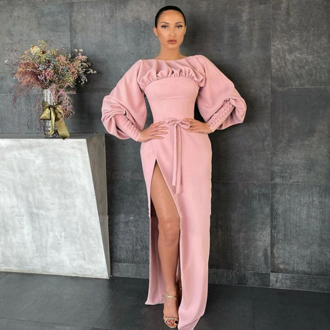 Pink Boat Neck Prom Dress Long Sleeves High Slit Satin Evening Dress Buttoned Cuffs Sheath Formal Party Dress Y4875 Hover Image