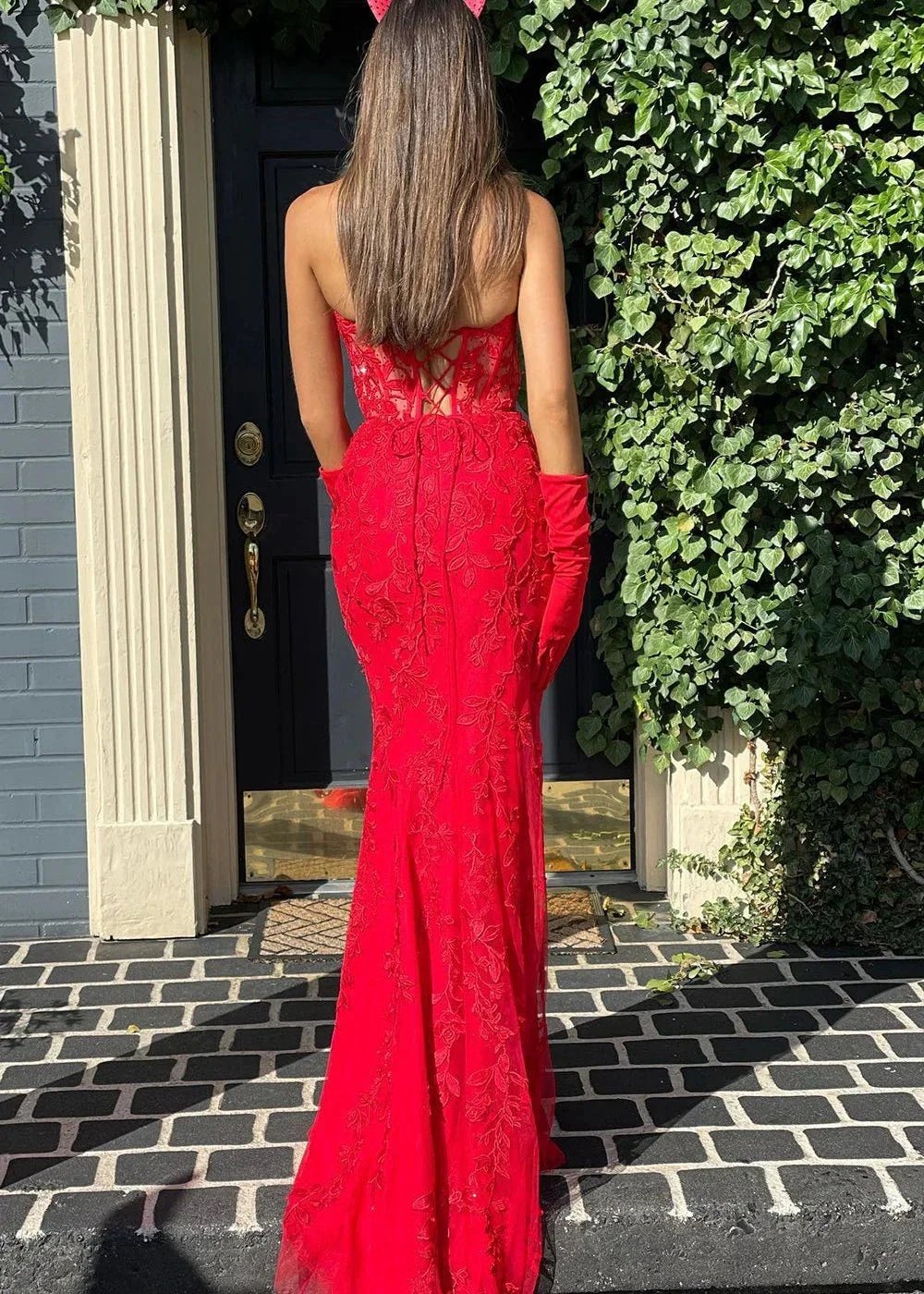 Pink Mermaid Sweetheart Neck Lace Long Prom Dress With Appliques by KissProm