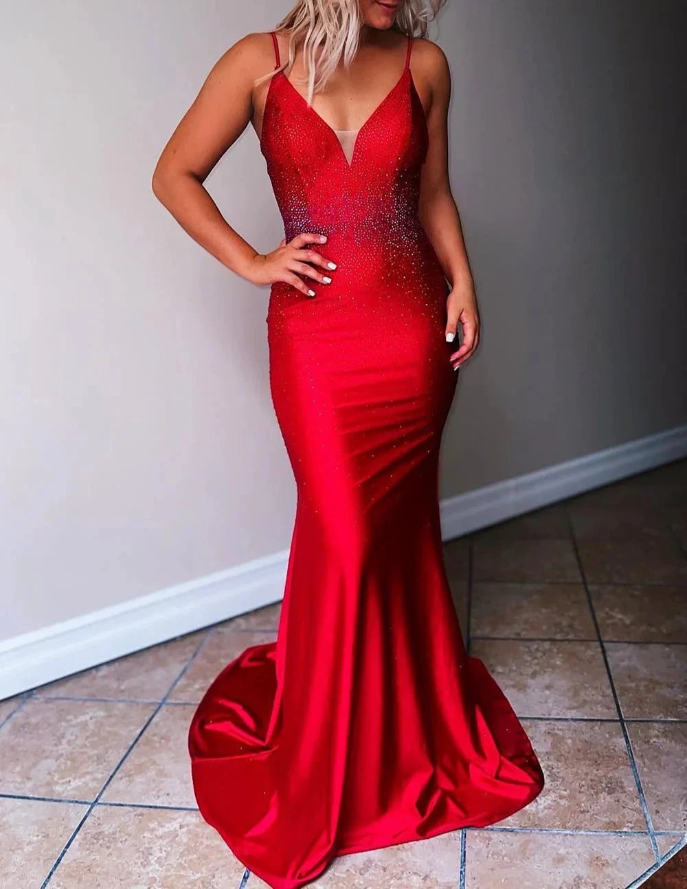 Deborah |Mermaid Spaghetti Straps Beaded Satin Prom Dress by KissProm