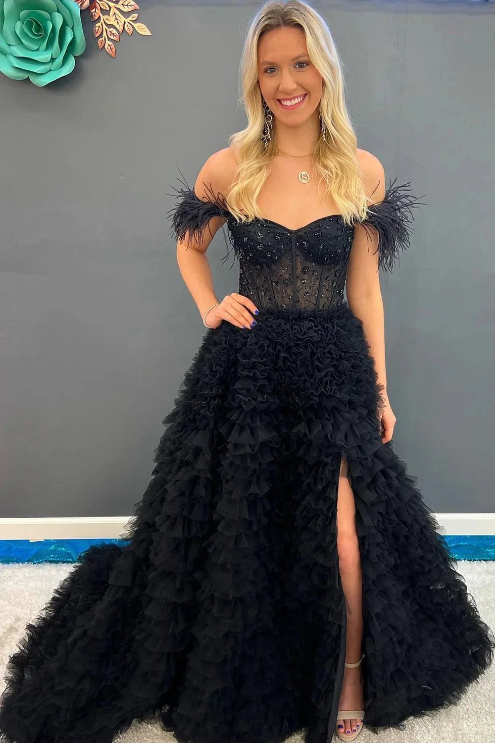 Ingrid |A Line Sweetheart Tiered Tulle Long Prom Dress With Slit by KissProm