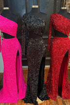 Sheath One Shoulder Red Sequins Long Prom Dress with Silt by KissProm