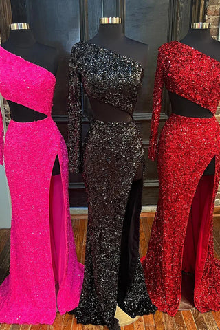 Vestido de fiesta largo con lentejuelas rojas y un hombro descubierto