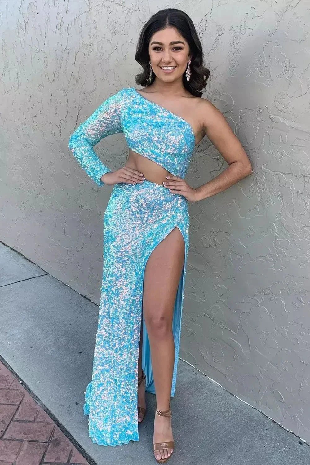 Sheath One Shoulder Red Sequins Long Prom Dress with Silt by KissProm