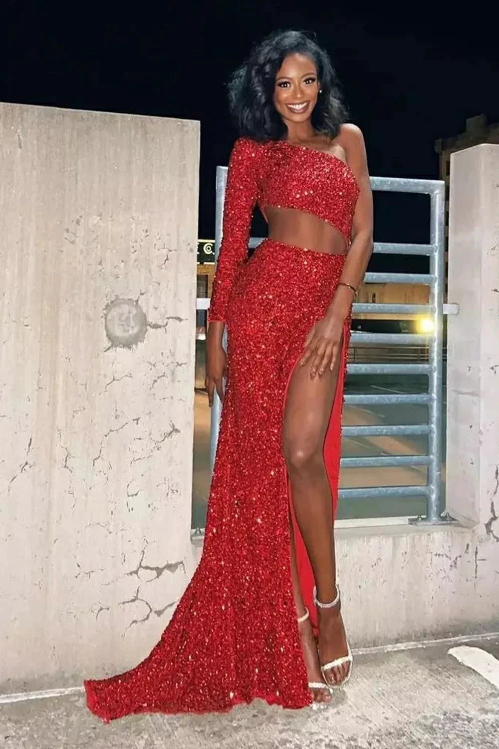 Sheath One Shoulder Red Sequins Long Prom Dress with Silt by KissProm