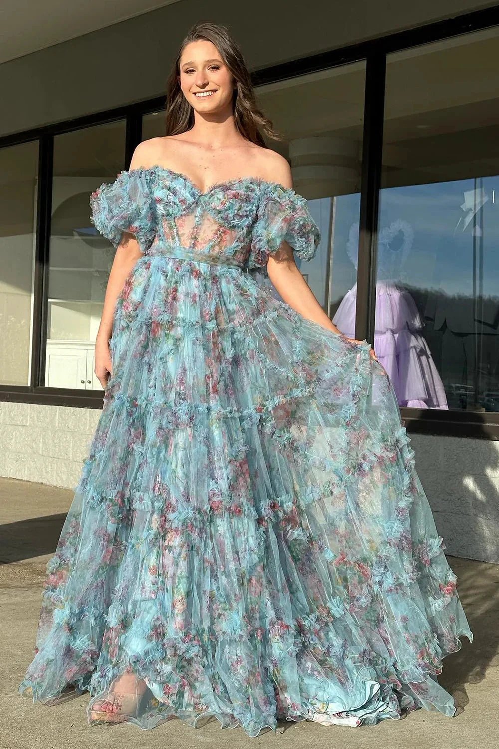 Sydney |A Line Off The Shoulder Floral Tulle Prom Dress by KissProm