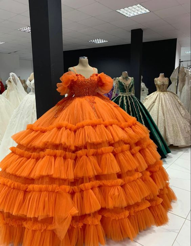 Vestido naranja de fiesta con vuelo, vestido naranja para quinceañeras Y6577