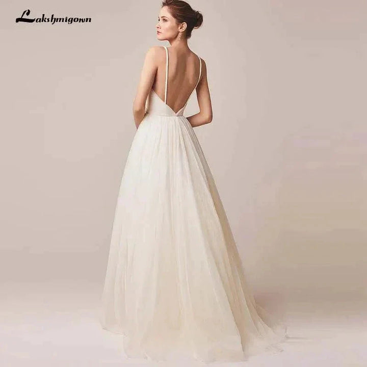 Sexy Spaghetti Straps Tulle Wedding Dress Vestido De Novia Sleeveless V-neck Backless Bride Dresses Robe De Mariage by NumberSea OFFICIAL STORE