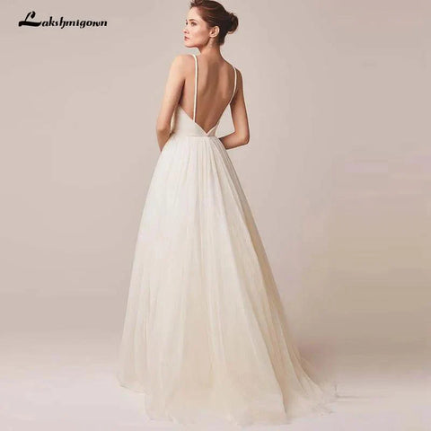 Vestido de novia sexy de tul con tirantes finos, sin mangas, cuello en V, espalda descubierta 