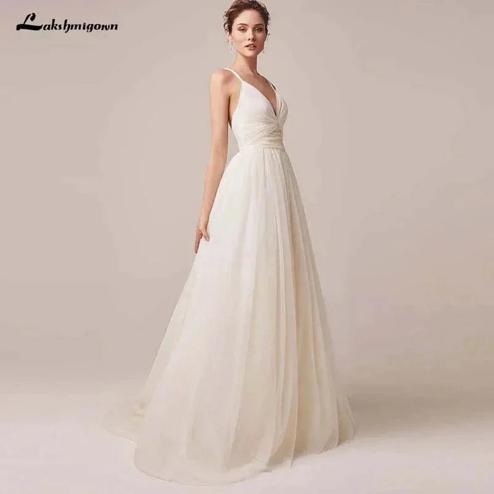 Sexy Spaghetti Straps Tulle Wedding Dress Vestido De Novia Sleeveless V-neck Backless Bride Dresses Robe De Mariage by NumberSea OFFICIAL STORE
