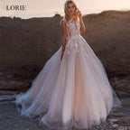 LORI Scoop Lace Applique A Line Wedding Dresses Sleeveless Tulle Boho Bridal Gowns Long Train Elegant Princess Dress Customized